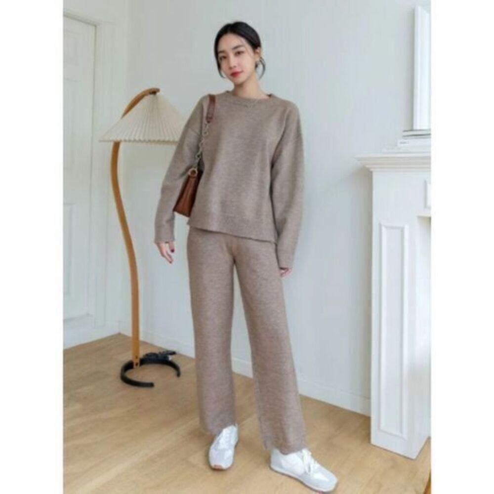 Ladies two pierce outfit  Split High Low Hem Drop Shoulder Sweater & Knit Pants